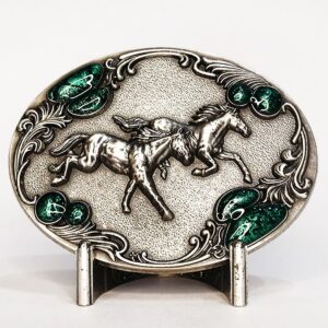 Silver Plated Turquoise Running Horses Belt Buckle